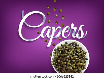 Vector realistic illustration of canned pickles capers. Plate with capers flower in marinade. Healthy farm plants, organic gourmet antipasti. Colorful  isolated objects on colorful background.