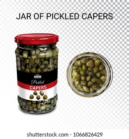 Vector realistic illustration of canned pickles capers. Jar of pickled capers flower in marinade. Healthy farm plants, organic gourmet antipasti. Colorful  isolated objects on transparent background.