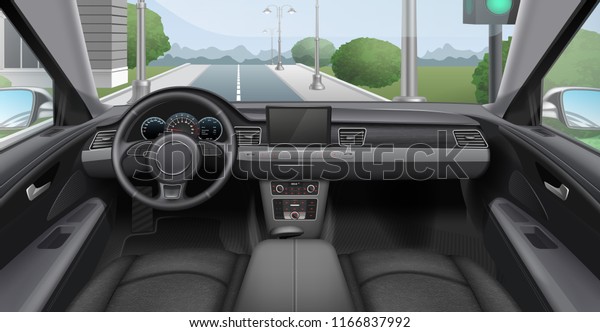 Vector realistic illustration of car dark interior\
with dashboard windshield and steering wheel with street outside\
window