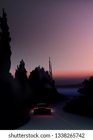 Vector realistic illustration of car red back lights on suburban evening background with  tree silhouette