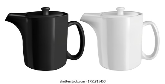 Vector realistic illustration of ceramic pottery. Isolated black and white teapots.