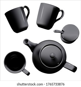 
Vector realistic illustration of ceramic pottery. Black cup, teapot and container. View from above. Isolated objects.
