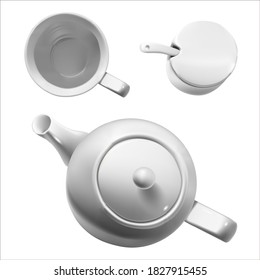 
Vector realistic illustration of china tableware. An isolated image of a teapot, cup and container. Tea ceramic set. White dishes on a white background.