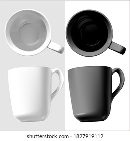 Vector realistic illustration of china tableware. Isolated image of cups. Top and side view. White and black dishes on a white background.