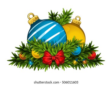 Vector realistic illustration of christmas balls with garlands, which lie on tree branches.  Colored christmas balls and green tree branches, isolated on white background 1.1