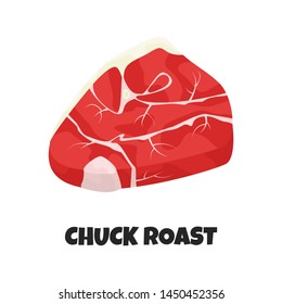 Vector Realistic Illustration Of Chuck Roast. Concept Design Beef Meat Parts. Ingredient Of Uncooked Veal For Carnivore Diet. Template For Meat Business Shop, Market, Restaurant, Banner, Poster