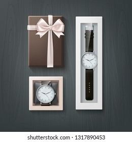 Vector realistic illustration of classical stylish watches gift set for men in boxes with ribbon isolated on black wooden table background, top view