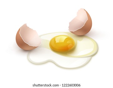 Vector realistic illustration close up of cracked hen egg with brown eggshell isolated on white background