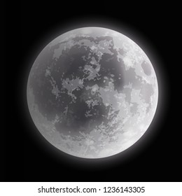 Vector realistic illustration close up of full moon black and white isolated on dark night background