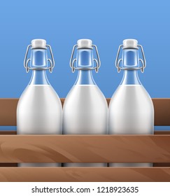 Vector realistic illustration close-up view of glass bottles with swing top closures on metal fasteners of fresh organic milk in wooden box on blue background