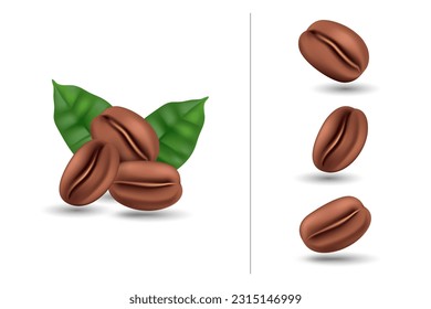 Vector realistic illustration of coffee beans with coffee tree leaves on a white background