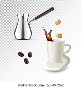Vector realistic illustration of coffee maker and mug. Colorful objects on a transparent background.