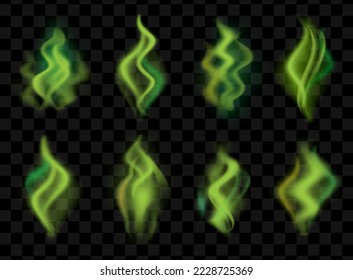 Vector realistic illustration collection of stinky toxic trail vapour, chemicals smoke, green magic smoke. Toxic steam or odour. Disgusting gas and breath isolated design elements.