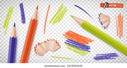 Vektorrealistische Illustration von farbigen Stiften auf transparentem Hintergrund.