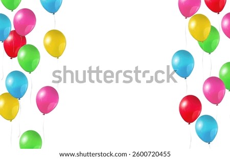 Vector realistic illustration of colorful shiny balloons flying on sides with blank space in the middle isolated on white background