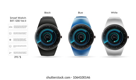Vector realistic illustration of concept smart watch, technology functions and template text. Smart watch vector illustration.