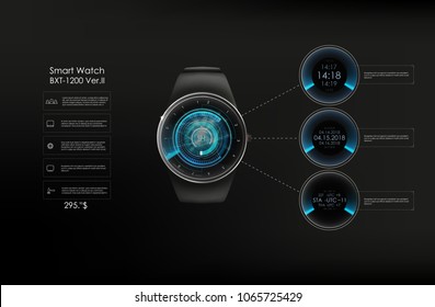 Vector realistic illustration of concept smart watch, technology functions and template text. Smart watch vector illustration.