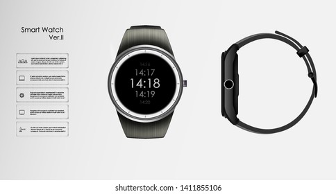 Vector realistic illustration of concept smart watch, technology functions and template text. Smart watch vector illustration.