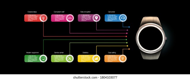 Vector realistic illustration of concept smart watch, technology functions and template text. Smart watch vector illustration. Smart watch vector. Realistic smart watch with apps
