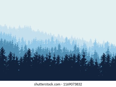 Vector realistic illustration of coniferous forest with blue trees and spruces in multiple layers, under winter sky and mist. Horizontal with space for text