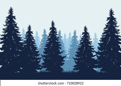 Vector realistic illustration of coniferous forest with grass under winter blue sky with mist