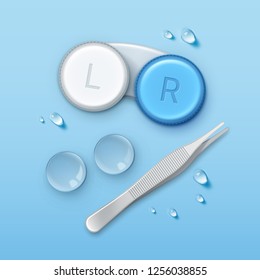 Vector realistic illustration of contact lenses with container and tweezers, top view isolated on blue background with water drops