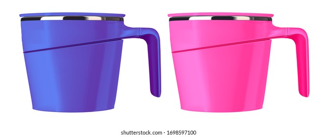 Vector realistic illustration of cookware. An isolated image of a thermomug. Pink and blue cups.