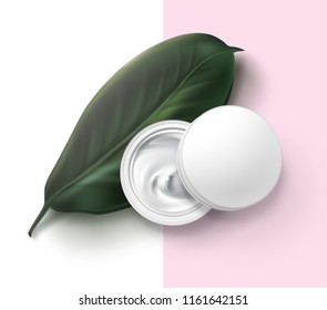 Vector realistic illustration of cosmetic jar container with white cream on green herbal leaf, top view