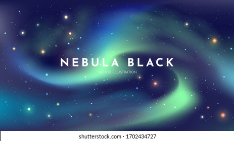 Vector realistic illustration. Cosmic sky. Wallpaper. Color curved waves. Nebula in space. Template for website or game. Abstract banner. Milky Way. Minimalistic style. Copy space for text. 