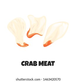 Vector Realistic Illustration Of Crab Meat Pieces Isolated On White Background. Concept Of Fresh Raw Seafood In Cartoon Flat Style. Design For Food Banner, Poster, Menu, Fish Shop, Restaurant