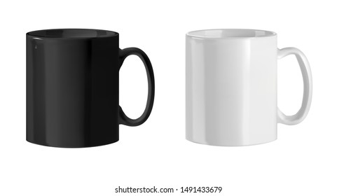 Vector realistic illustration of cups. White and black porcelain cups.