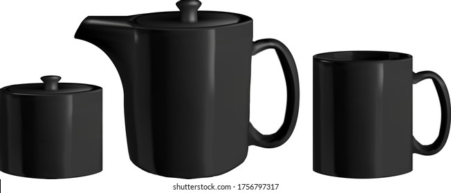 Vector realistic illustration of a cut and a teapot. Black porcerlain utebsils. Isolated objects.