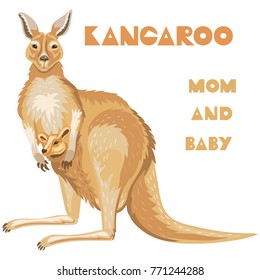 Vector realistic illustration of a cute mom kangaroo with a little baby in pocket. Good for a family brand of clothes for moms with bsby. Mother's Day postccsrd. Beautiful geometric minimalistic font.