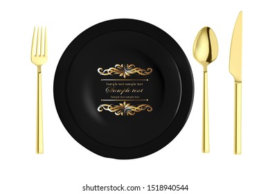 Vector realistic illustration of cutlery. Table setting. Black porcelain plates and a golden spoon, fork, knife.