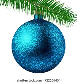 Vector realistic illustration cyan Christmas ball or bauble with glitter sparkles and fir branch isolated on white background