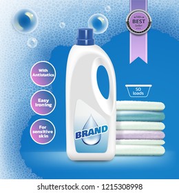 Vector realistic illustration of detergent or softener with dried and folded freshly washed laundry. Product packaging design isolated on background with soap bubbles and premium quality rosette