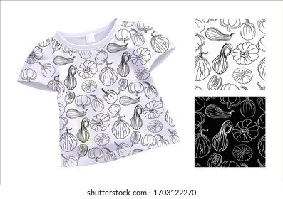Vector realistic illustration of different pumpkins on a seamless print. Drawing for t-shirts.