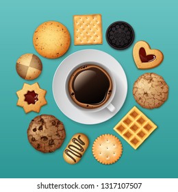 Vector realistic illustration of different sweet biscuits or cookies, crackers and waffle with cup of black coffee espresso isolated on background, top view