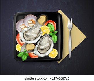 Vector realistic illustration of dish with oysters, mussels, scallops and prawns served lemon and basil in square black plate with napkin and fork on marble table, top view