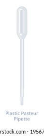 Vector realistic illustration of disposable plastic Pasteur pipette, transfer pipette, or eye dropper isolated on white. Squeezable pipette, medical, biological, or chemical laboratory equipment.