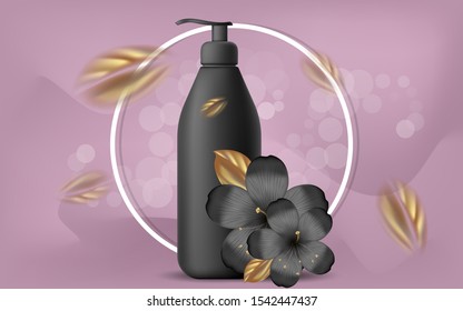 Vector realistic illustration with empty black shampoo or gel bubbles. Tropical Hawaiian flowers and golden leaves. Banner for advertising and promotion of cosmetic products. Use for posters, cards