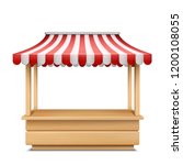 Vector realistic illustration of empty market stall with red and white striped awning isolated on background. Mockup of wooden counter with canopy for street trading, retail stand for grocery goods