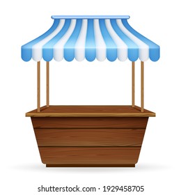 Vector realistic illustration of empty market stall with blue and white striped awning. Mockup of wooden counter with canopy for street trading.
