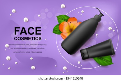 Vector realistic illustration with empty mockup black cosmetic botlles Tropical Hawaiian flower. Banner for advertising and promotion of cosmetic products. Use for posters, cards
