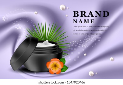 Vector realistic illustration with empty mockup black cosmetic cream Tropical Hawaiian flower. Banner for advertising and promotion of cosmetic products. Use for posters, cards