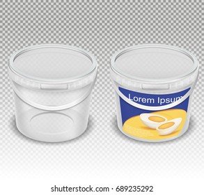 Vector realistic illustration of empty plastic transparent buckets for food - mayonnaise, sour cream, yogurt, cottage cheese, sauce, ice cream. Set of containers, mock up pails with label and without
