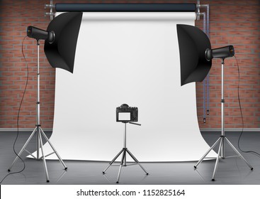 Vector realistic illustration of empty room with blank white screen, studio lights with soft boxes on tripod stands. Concept background with modern lighting equipment for professional photography