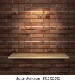 Vector realistic illustration of empty wooden shelf isolated on brick brown wall background with lighting