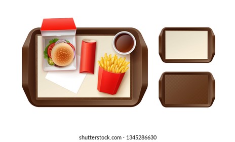 Vector realistic illustration of fast food set with burger, pie in box and French fries with sauce in a restaurant and brown plastic trays, top view, isolated on white background  
