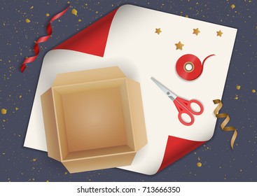 Vector realistic illustration of festive gift wrapping. Cardboard box, scissors, ribbon on red  paper. Top view.